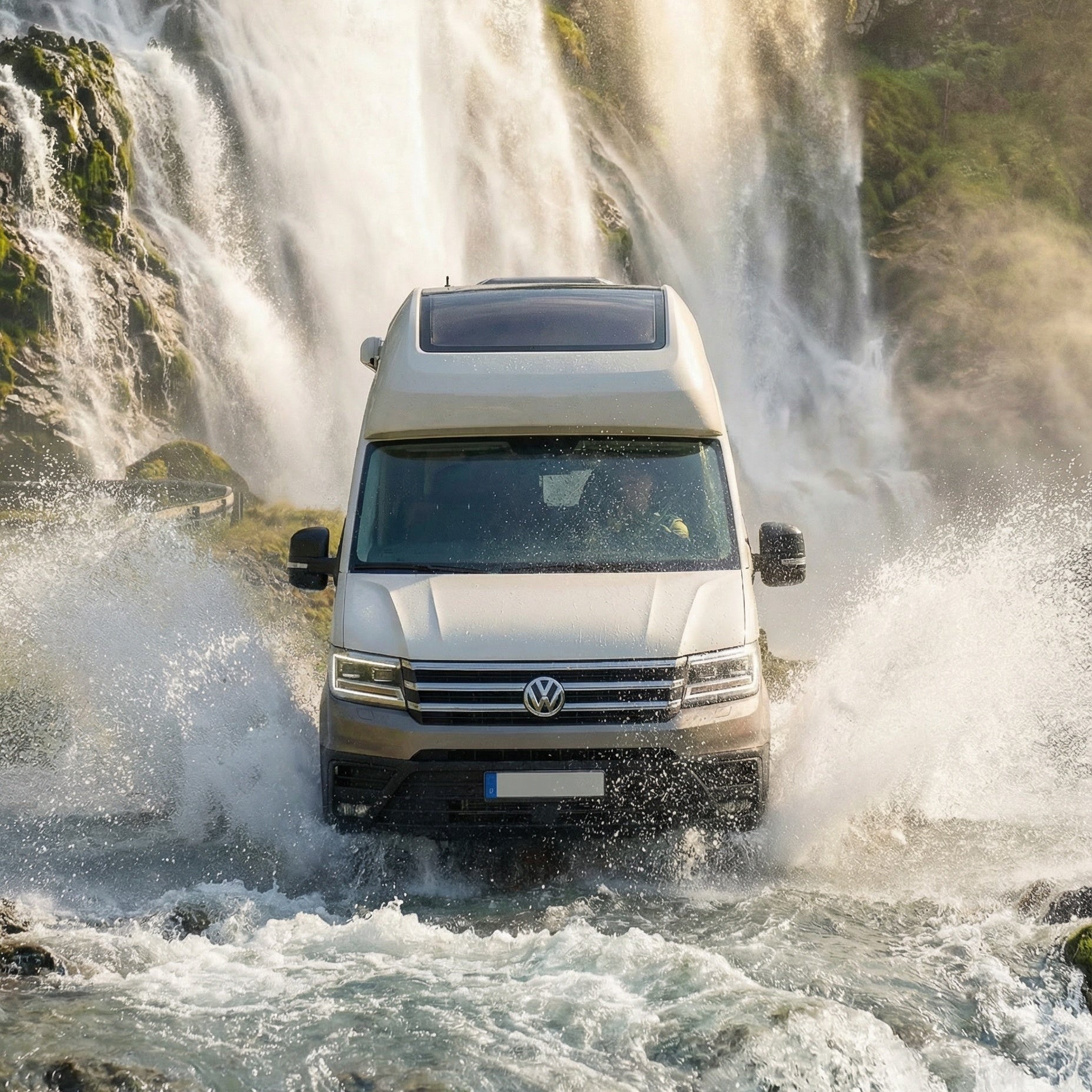 Volkswagen van driving through a river with a waterfall in the background