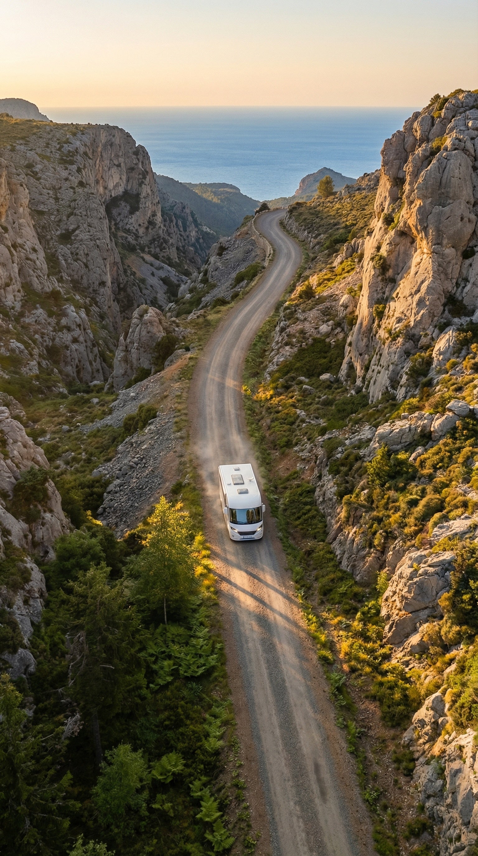 A motorhome fitted with VB-Airsuspension driving on a mountain road, with the sea in the background