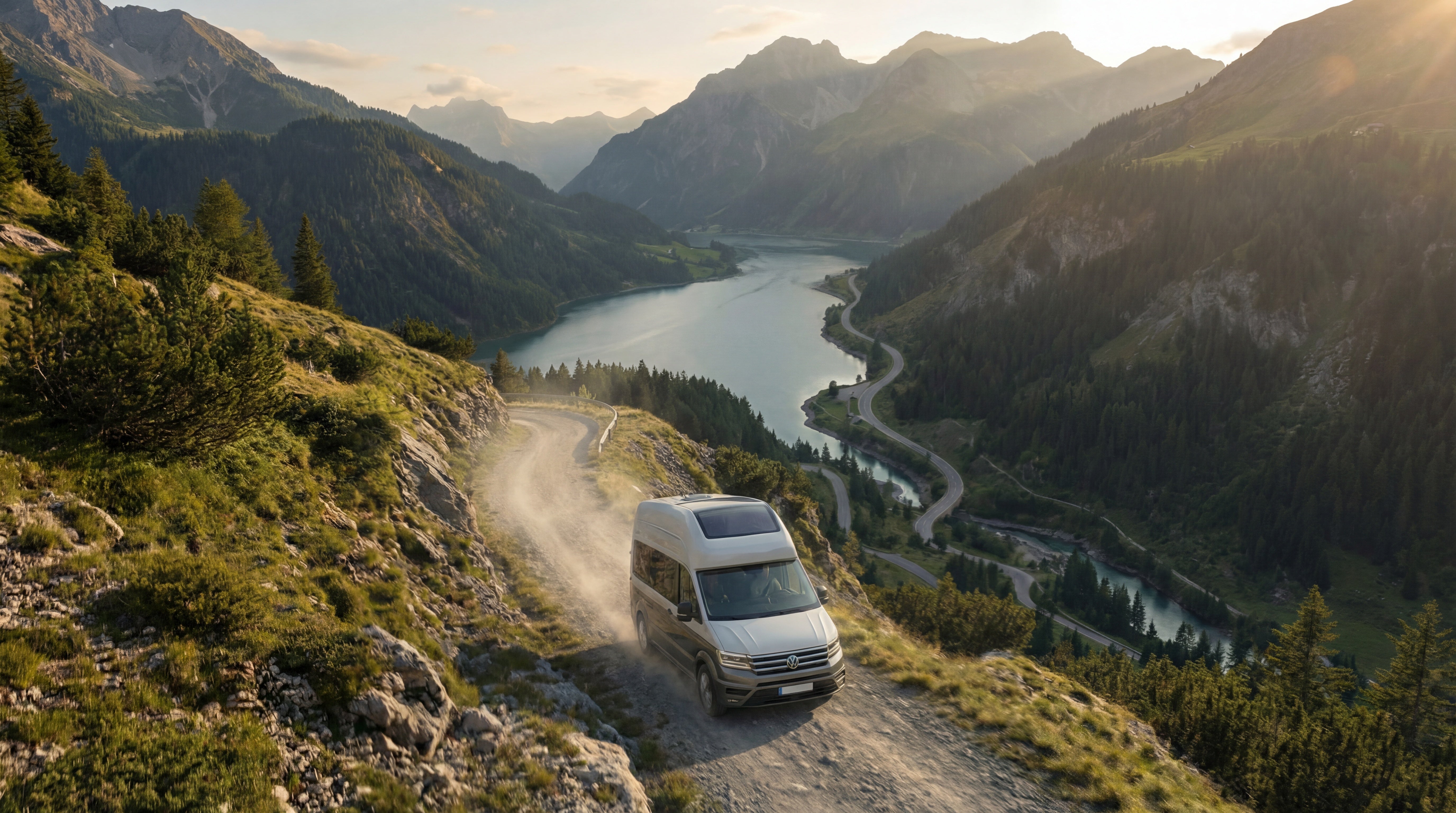 Motorhome with full air suspension driving through country roads
